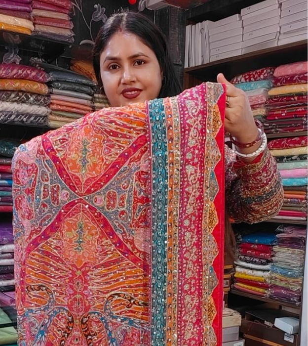 Premium Chinon Georgette Saree with Mirror, Stone & Soft Zari Embroidery