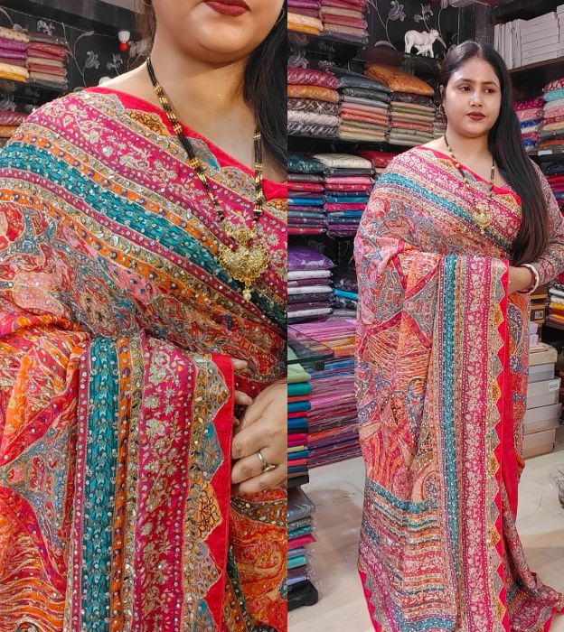 Premium Chinon Georgette Saree with Mirror, Stone & Soft Zari Embroidery