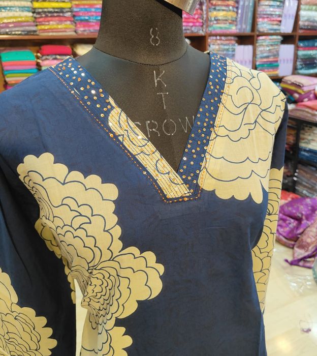 Premium Cotton V-Neck Sequence Work Kurti