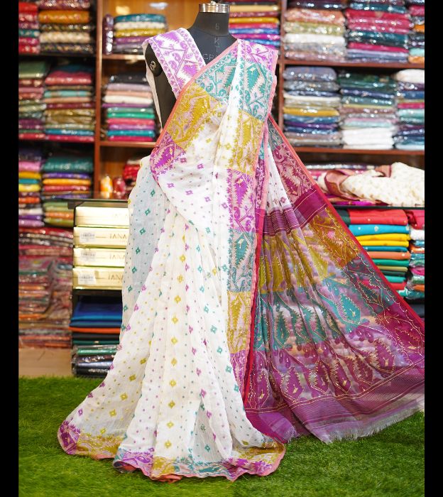 Elegant Cutdana Jamdani Partywear Saree With Multicolour Bengali Traditional Design