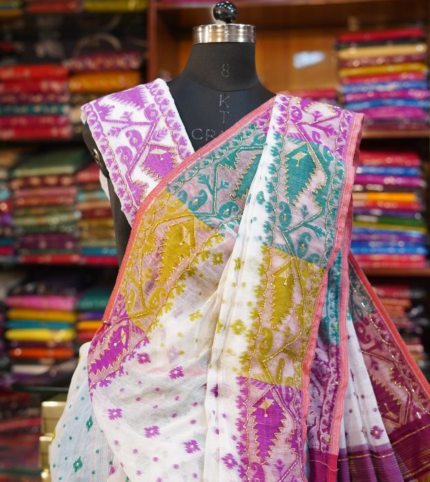 Elegant Cutdana Jamdani Partywear Saree With Multicolour Bengali Traditional Design