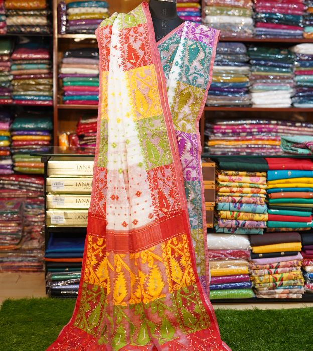 Elegant Cutdana Jamdani Partywear Saree With Multicolour Bengali Traditional Design