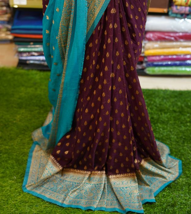 Elegant Semi Pure Khaddi Georgette Saree With Contrast Teal Border