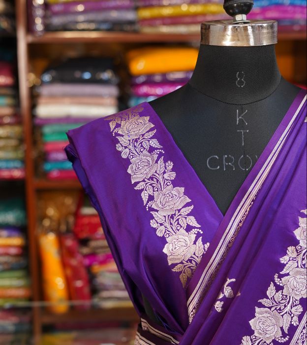 Elegant Mashru Banarasi Saree in Royal Purple With Woven Floral Zari Work