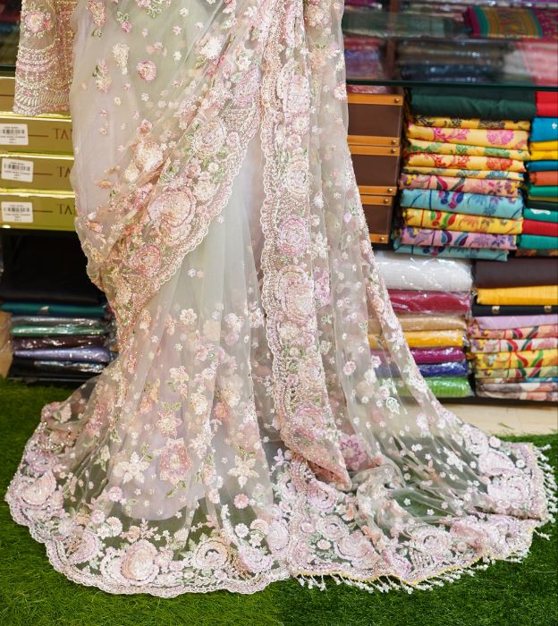 Elegant Mono Net Reception Saree With Full Handwork & Readymade Blouse
